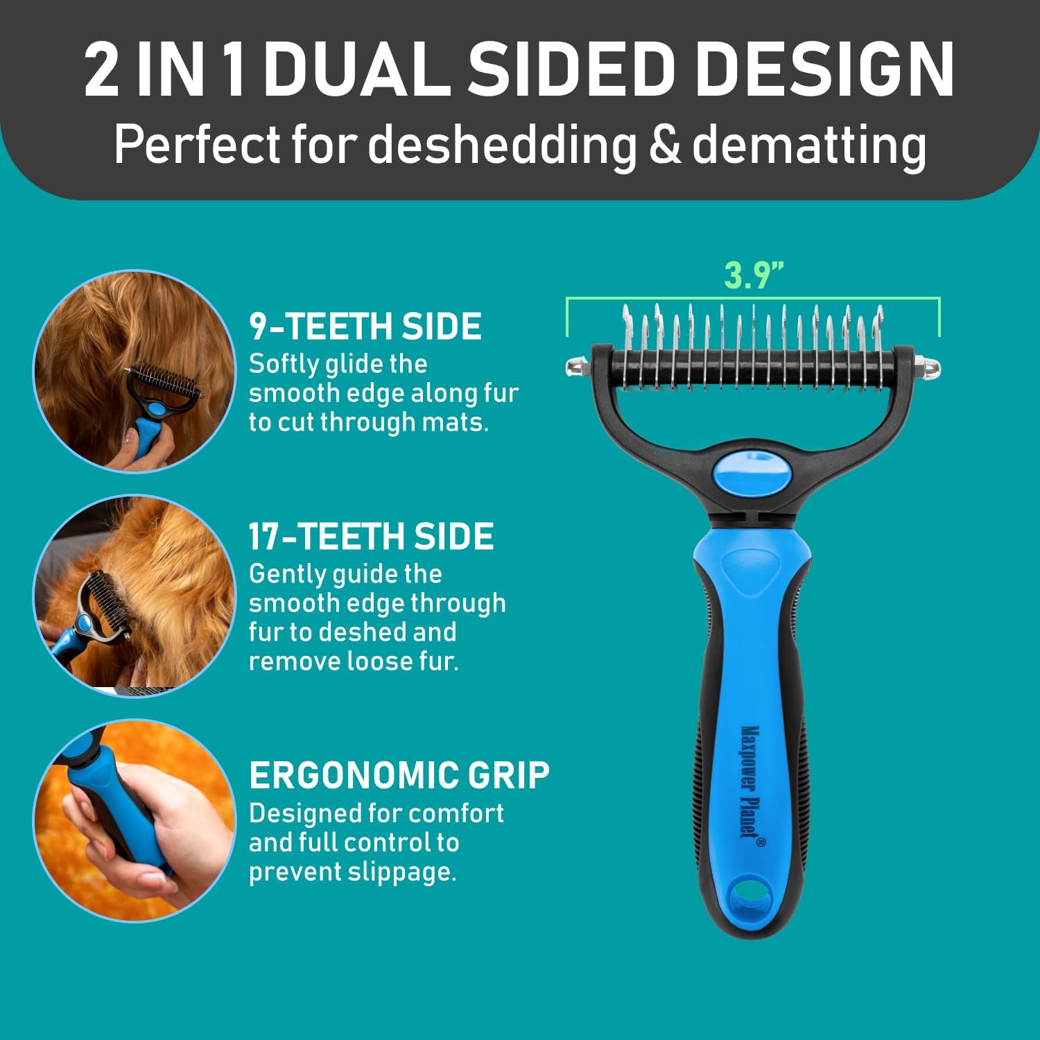 Pet Grooming Brush and 2X Grooming Gloves Combo - Double Sided Dematting, Deshedding Undercoat Rake for Dogs and Cats - Reduce Shedding Easily - Blue