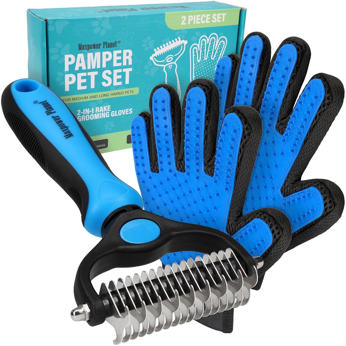 Pet Grooming Brush and 2X Grooming Gloves Combo - Double Sided Dematting, Deshedding Undercoat Rake for Dogs and Cats - Reduce Shedding Easily - Blue