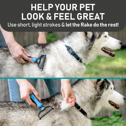 Pet Grooming Brush and 2X Grooming Gloves Combo - Double Sided Dematting, Deshedding Undercoat Rake for Dogs and Cats - Reduce Shedding Easily - Blue